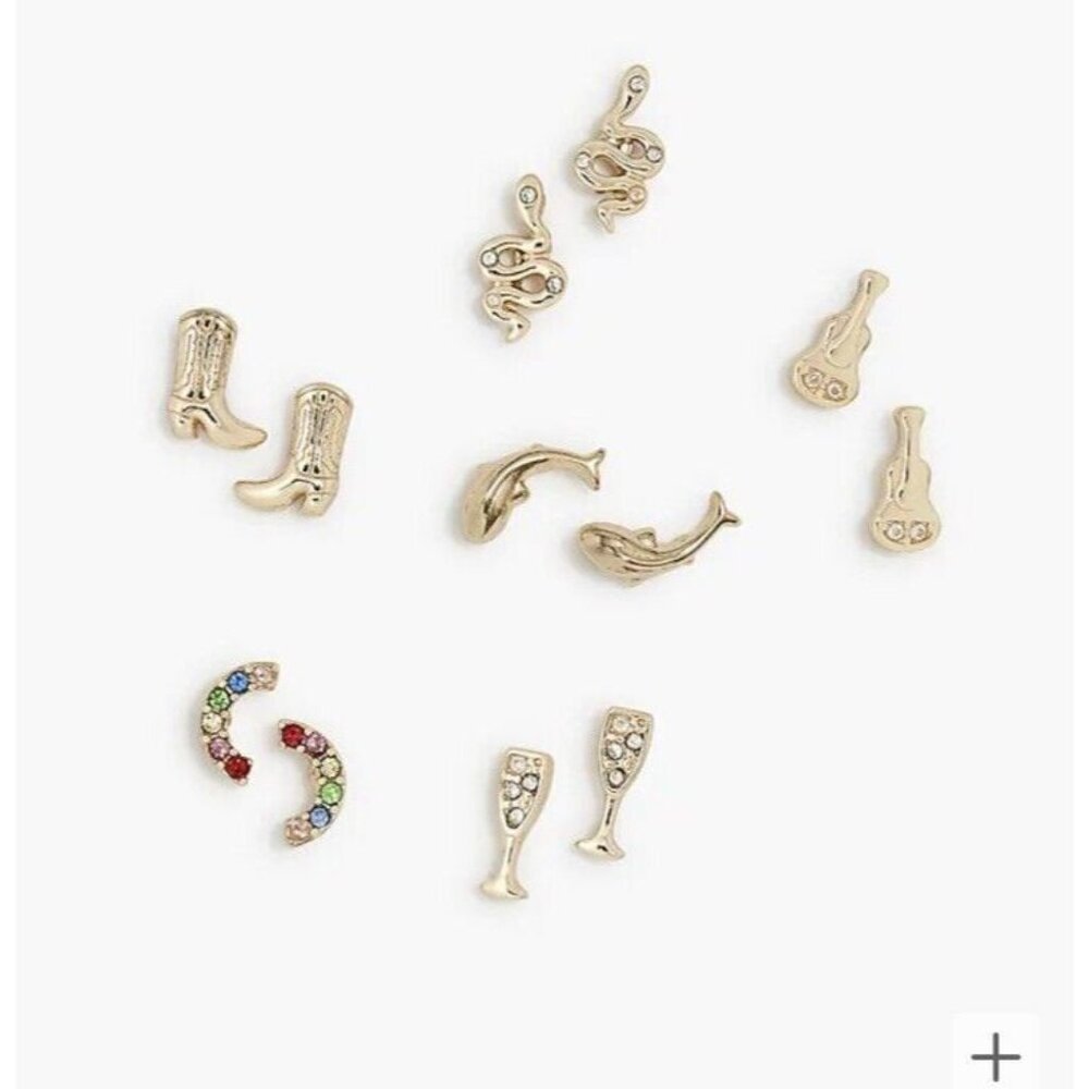 J Crew Goldtone Icon stud earrings set-of-six Cowboy Boots Guitar Nashville Gold